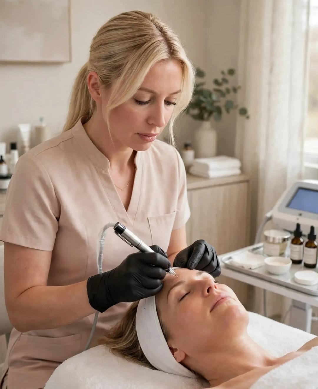 Verónica realizando un tratamiento facial en su cabina